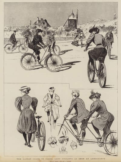 ロンシャンで見られるパリの最新の流行、女性サイクリスト 作： Louis Vallet